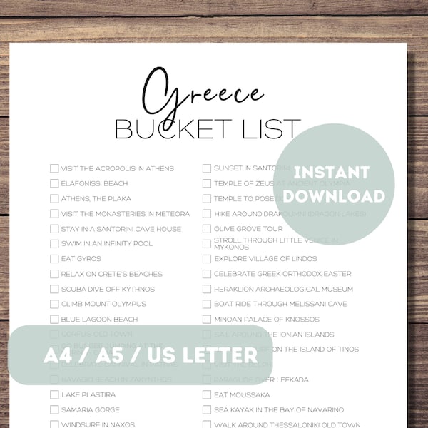 Greece Bucket List Printable | Greece Travel Planner Checklist | Greece Travel Adventure List