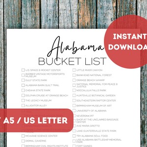 Alabama Bucket List para impressão | Lista de verificação do planejador de viagens dos 50 estados dos EUA | Lista de aventuras de viagem do Alabama | A4 | A5 | Carta dos EUA