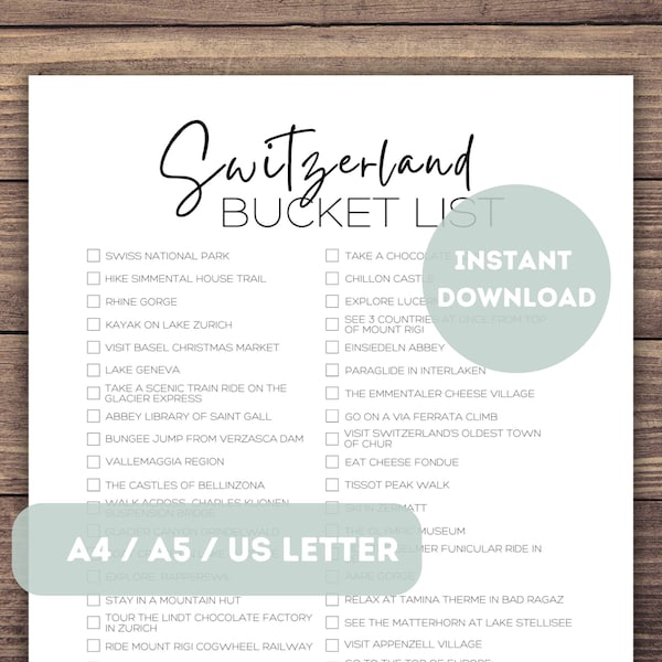 Switzerland Bucket List Printable | Switzerland Travel List Planner | Travel Adventure Checklist | Europe Trip