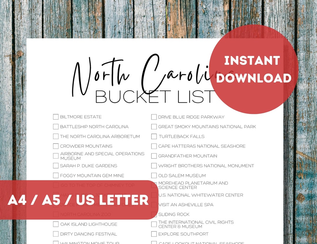 North Carolina Bucket List Printable America's 50 States Travel Planner