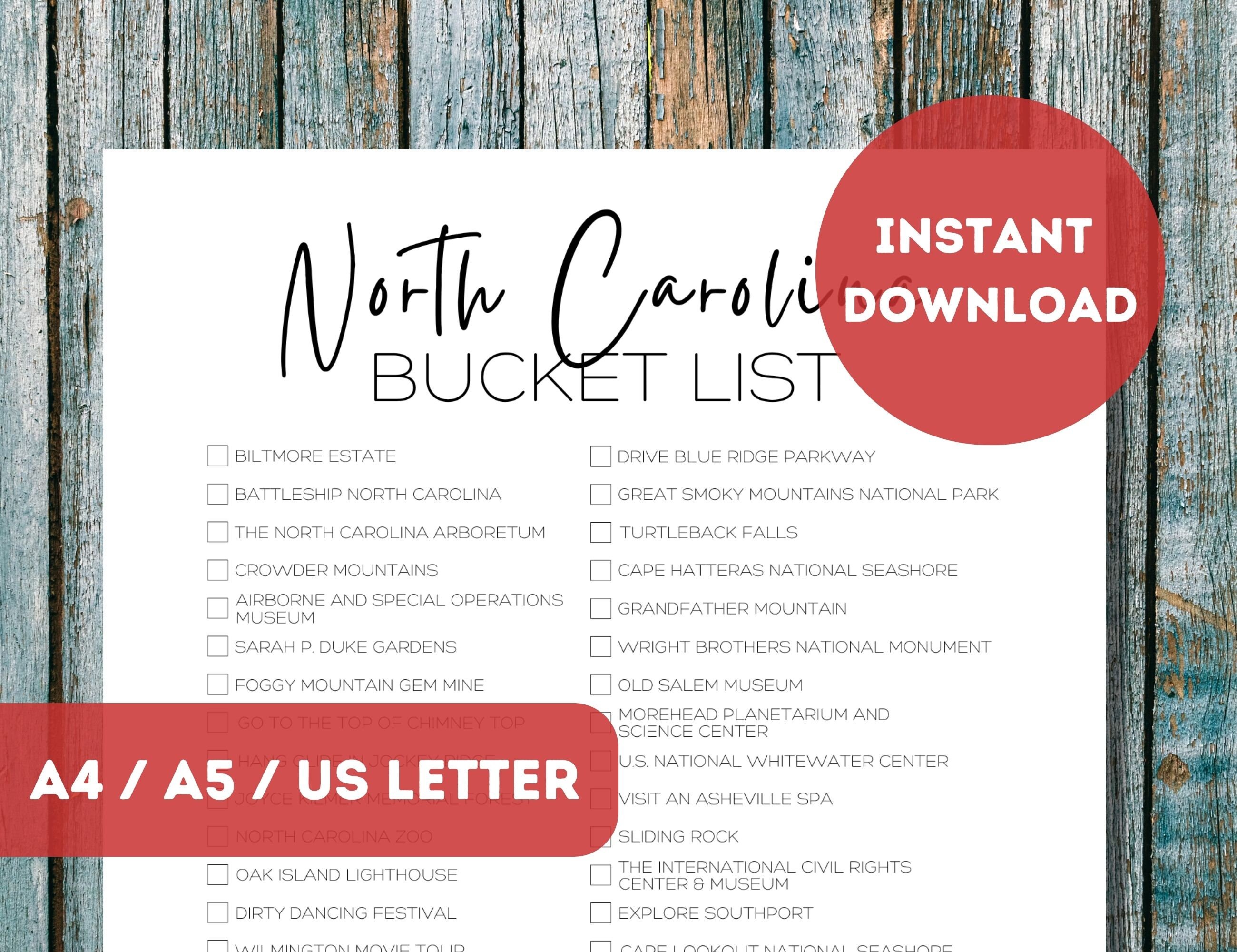 North Carolina Bucket List Printable America's 50 States Travel Planner