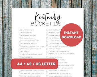 Kentucky Bucket List Printable | America's 50 States Travel Planner Checklist | Kentucky Travel Adventure List | A4 | A5 | US Letter