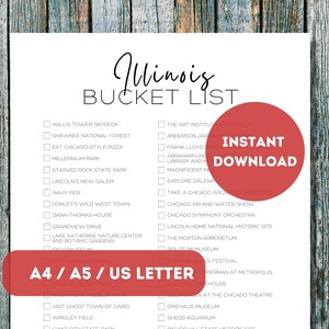 Lista de deseos de Illinois imprimible / Planificador de viajes con las mejores cosas para hacer / Lista de aventuras de viajes de Illinois / A4 / A5 / Carta de EE. UU.