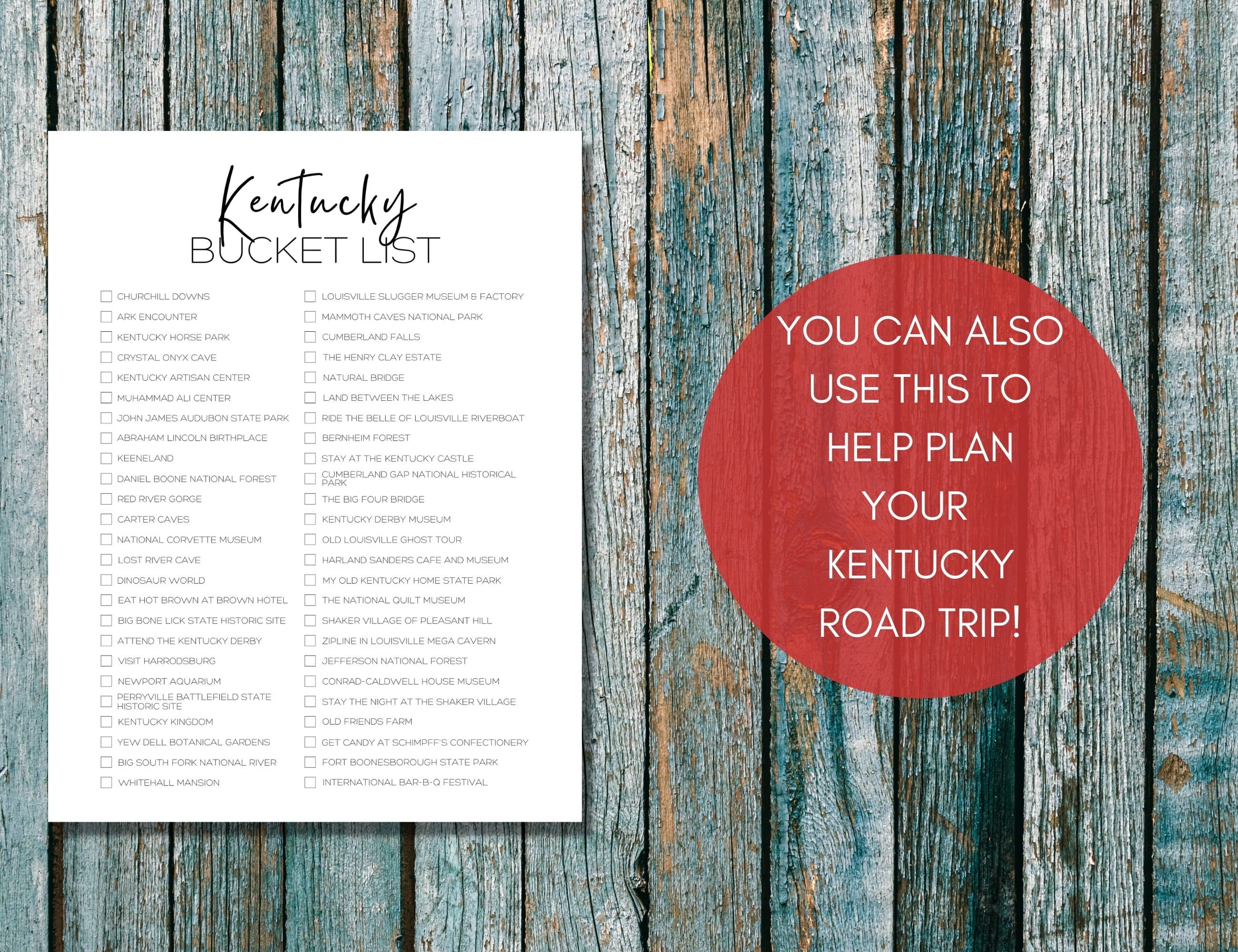 Kentucky Bucket List Printable America's 50 States Travel Planner