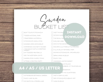 Lista de deseos imprimible para Suecia / Planificador de viajes a Suecia / Lista de verificación de aventuras en Suecia / Lista de deseos para viajar a Europa
