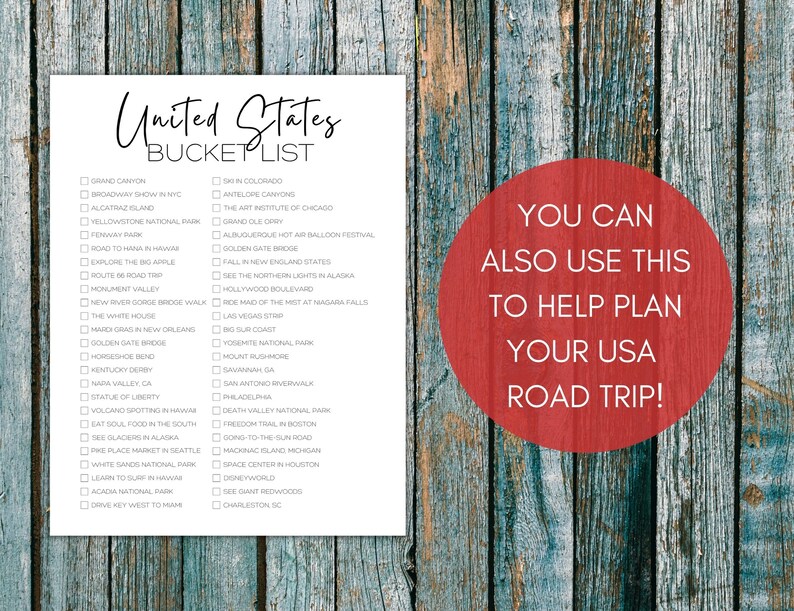 US Bucket List Printable America's 50 States Travel Planner Checklist