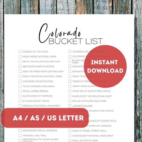 Colorado Bucket List Printable | America's 50 States Travel Planner Checklist | Colorado Travel Adventure List | A4 | A5 | US Letter