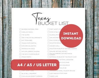 Lista de deseos de Texas imprimible / Lista de verificación de planificación de viajes por los 50 estados de Estados Unidos / Lista de aventuras de viajes en Texas