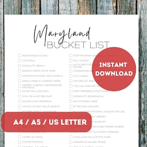 Lista de itens de Maryland para impressão | Lista de verificação do planejador de viagens principais coisas para fazer | Lista de aventuras de viagens em Maryland | A4 | A5 | Carta dos EUA