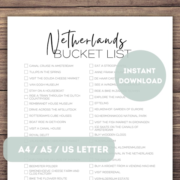 Netherlands Bucket List Printable | Netherlands Travel Planner Checklist | Europe Travel Adventure List