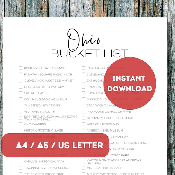 Ohio Bucket List Printable | America's 50 States Travel Planner Checklist | Ohio Travel Adventure List | A4 | A5 | US Letter