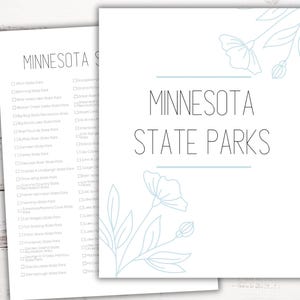May include: A white paper checklist titled Minnesota State Parks in black sans-serif font. The document features light blue line art of flowers in the top right and bottom left corners, with a list of park names and checkboxes for tracking visits.