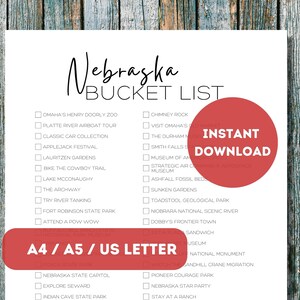 Lista de deseos imprimible de Nebraska / Lista de verificación para planificar viajes por los 50 estados de EE. UU. / Lista de aventuras de viaje por Nebraska / A4 / A5 / Carta de EE. UU.