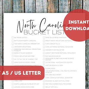 North Carolina Bucket List zum Ausdrucken | Amerikas 50 Staaten Reiseplaner-Checkliste | Reise Abenteuer Wunschliste