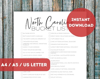 North Carolina Bucket List Printable | America&#39;s 50 States Travel Planner Checklist | Travel Adventure Wish List