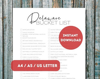 Utskrivbar bucketlist för Delaware | Checklista för reseplanerare i Amerikas 50 stater | Lista över äventyrliga resor i Delaware | A4 | A5 | US Letter