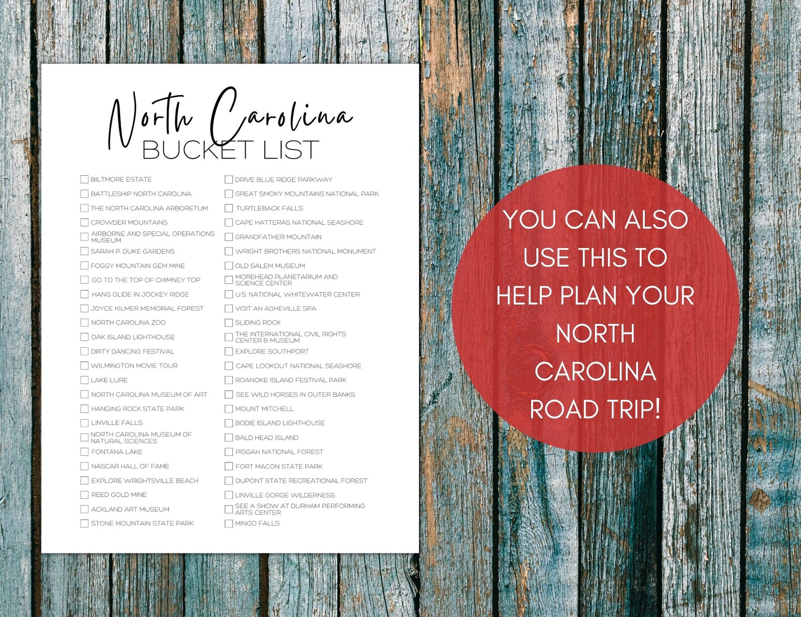 North Carolina Bucket List Printable America's 50 States Travel Planner