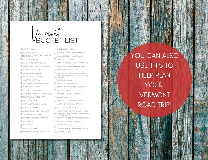 Vermont Bucket List Printable America's 50 States Travel Planner