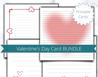 May include: Printable Valentine's Day card bundle with four different designs. Each card features a white background with red and pink hearts and lined writing space. The text "Printable Cards" is in a starburst shape.