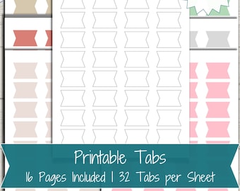 May include: Printable planner tabs with 32 tabs per sheet. The tabs are blank and can be used to label different sections of a planner. The text on the image reads "Printable Tabs 16 Pages Included | 32 Tabs per Sheet".
