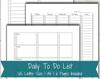 May include: Printable to-do list template with six pages. The template includes daily, weekly, and general to-do list pages. The pages are designed in black and white with checkboxes for each task.