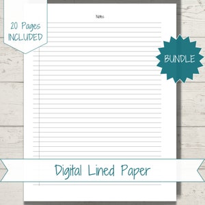 Peut inclure: Un papier ligné numérique imprimable avec le texte "Notes" en haut et "Digital Lined Paper" en bas. L'image a une étoile éclatante turquoise avec le mot "BUNDLE" en texte blanc.