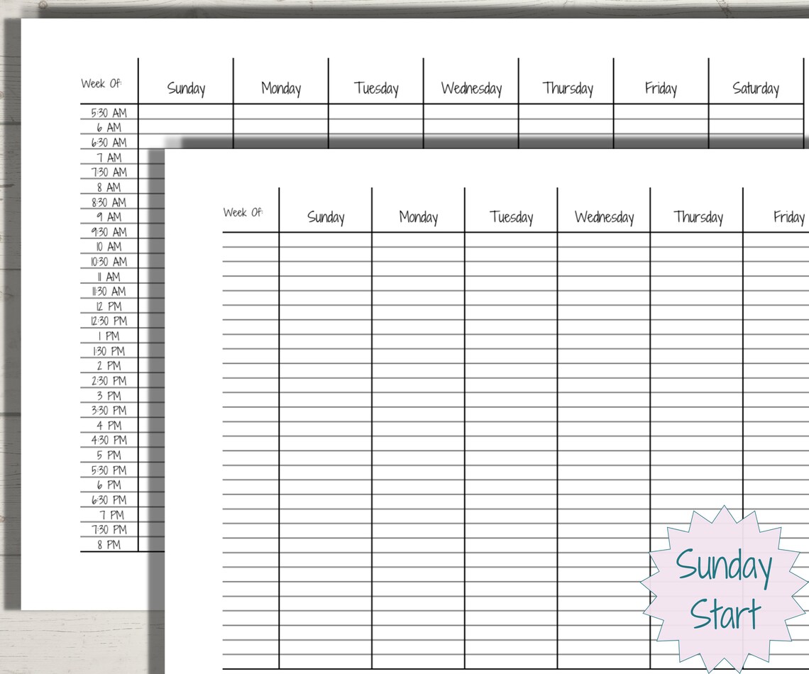 Half-hour Weekly Schedule Chart, Printable Schedule Template ...