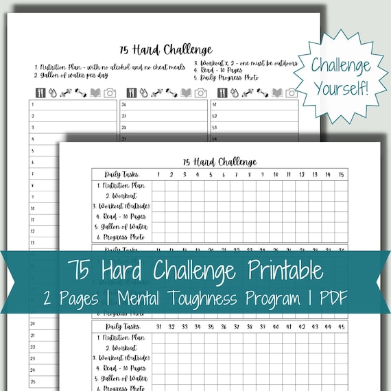 75 Hard Printable 75 Hard Challenge 75 Hard Checklist - Etsy