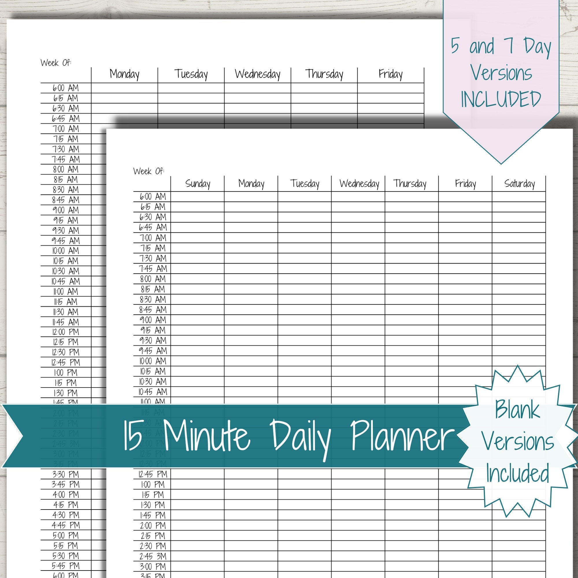 15 Minute Daily Planner, Schedule Chart, Weekly Schedule Printable ...