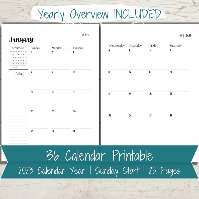 B6 Calendar Printable Month on Two Pages B6 Inserts Pocket - Etsy Canada
