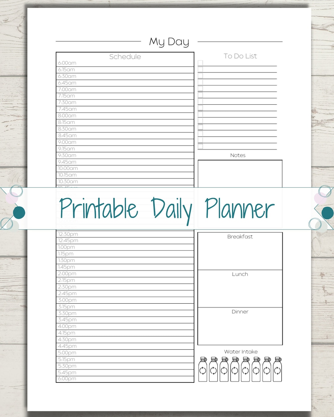 Daily Planner, 15 Minute Increments, Printable To-do List, Meal Planner ...