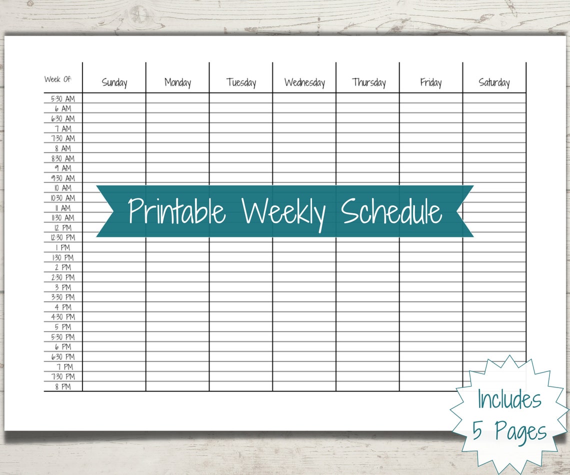 Half-hour Weekly Schedule Chart Printable Schedule Template - Etsy