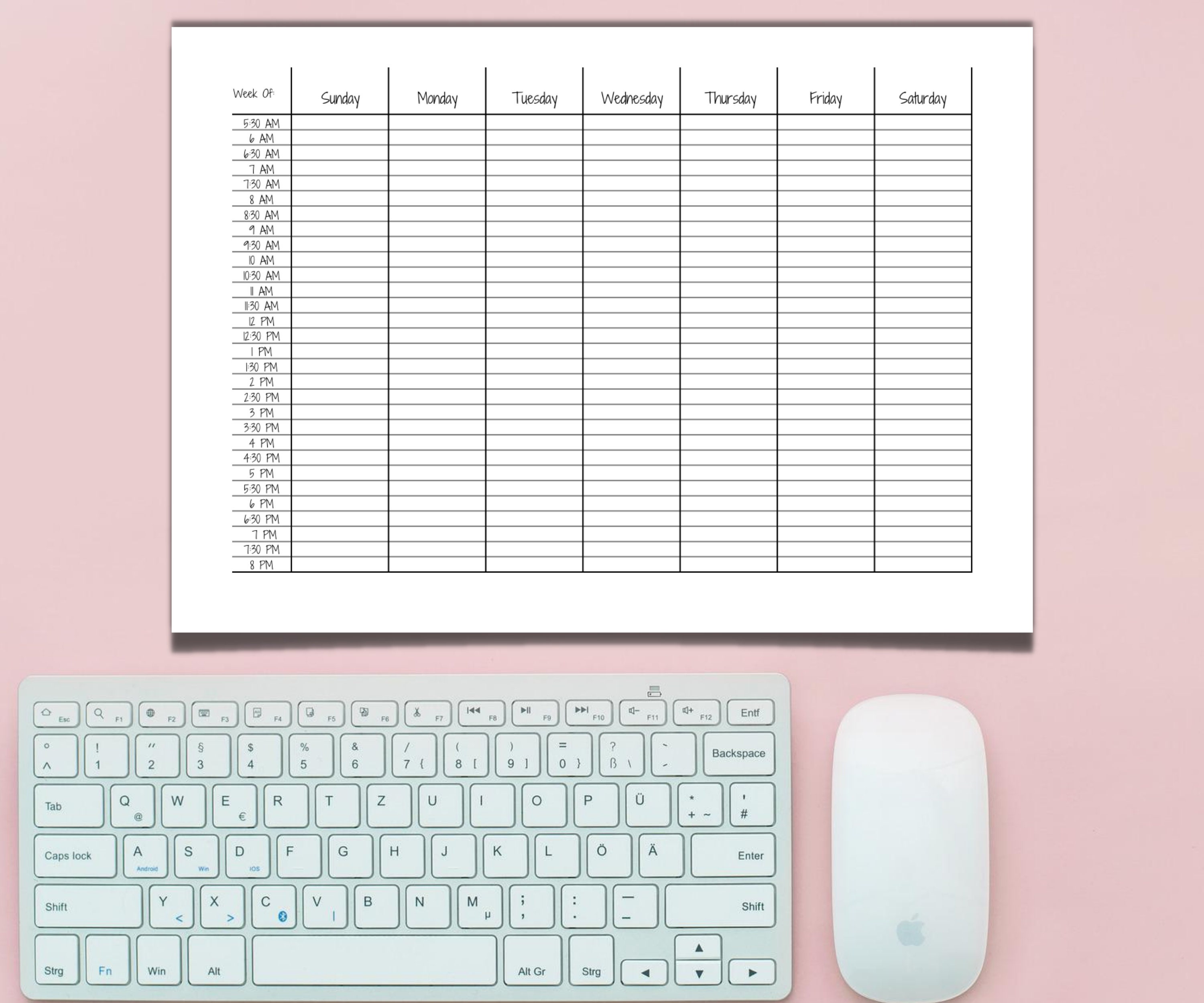 Half-hour Weekly Schedule Chart, Printable Schedule Template ...