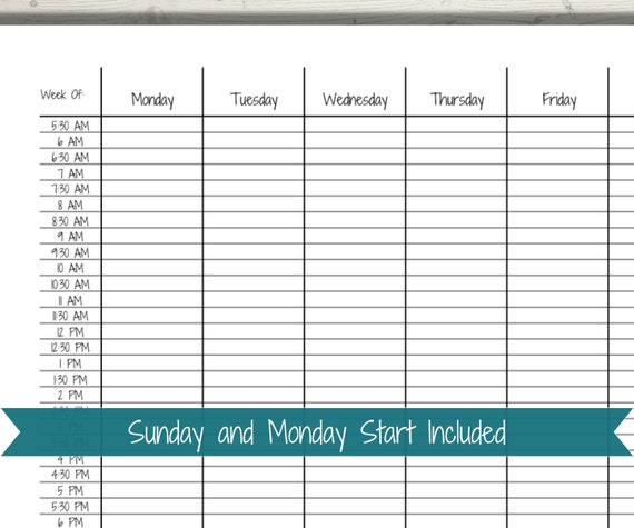 Half-hour Weekly Schedule Chart, Printable Schedule Template, Horizontal Planner, Functional Planning, Time Blocking, Sunday Monday Start - Etsy