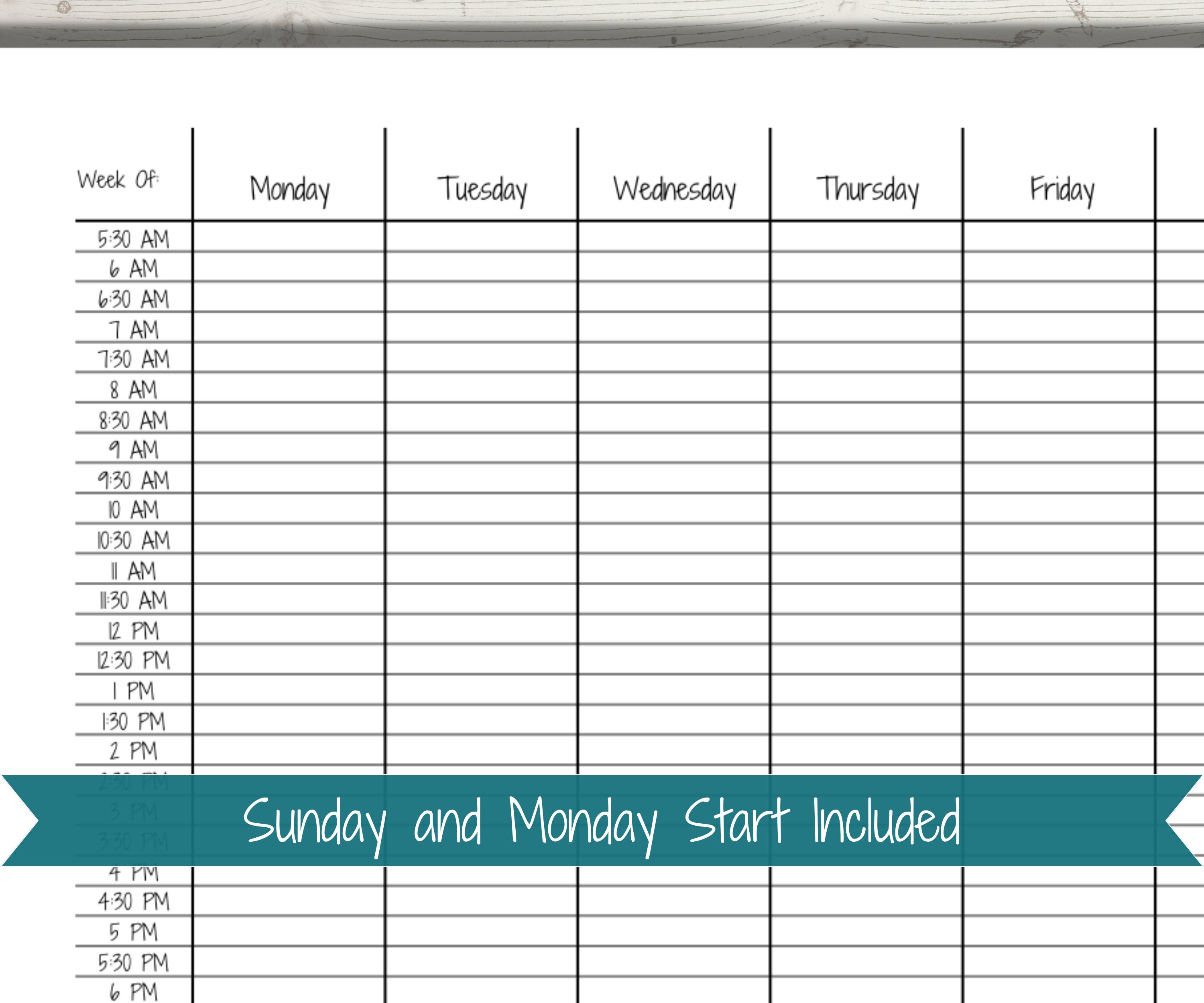 Half-hour Weekly Schedule Chart, Printable Schedule Template ...
