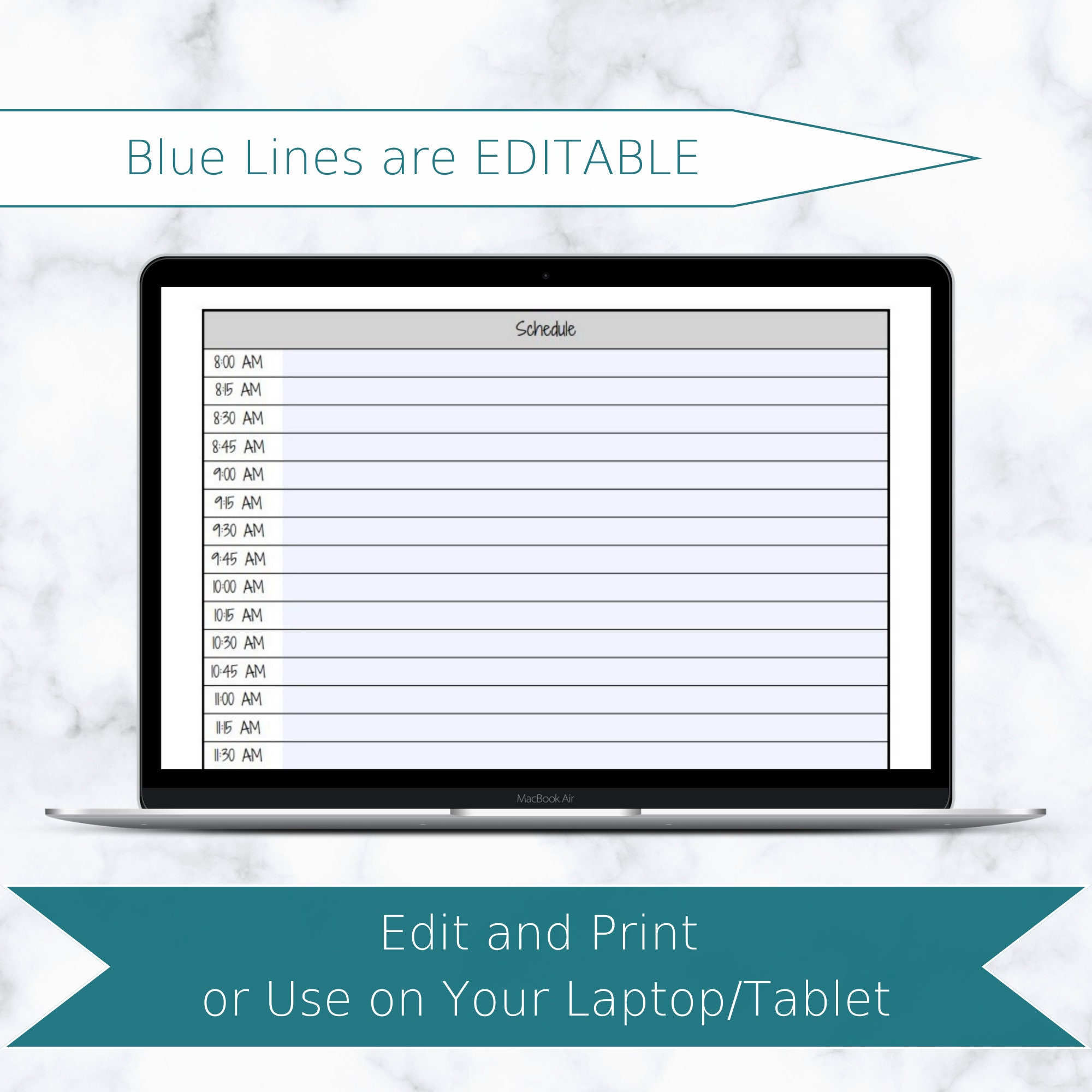 EDITABLE Daily Schedule, 15 Minute Increments, FILLABLE PDF, Digital ...