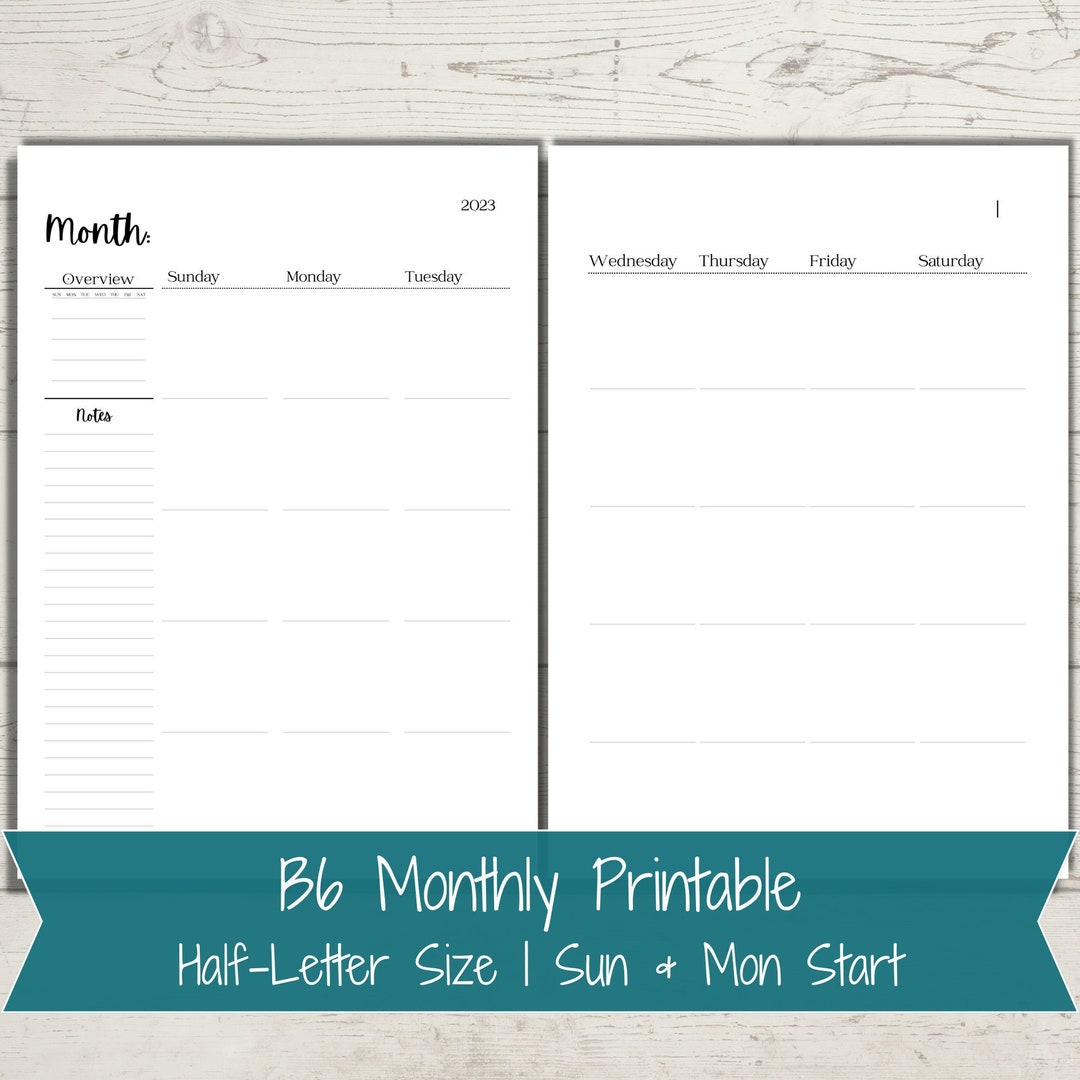 B6 Monthly Printable B6 Planner Inserts Perpetual Calendar - Etsy