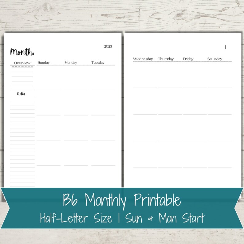 B6 Monthly Printable B6 Planner Inserts Perpetual Calendar - Etsy