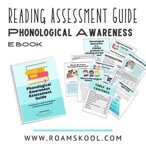 May include: A turquoise blue ebook cover with the title "Phonological Awareness Assessment Guide" in white text. The cover features a stack of colorful books and the text "Assessing Your Child's Knowledge of Foundational Reading Skills" in white text. The author's name, "Shannon Kirk", is listed below the title. The ebook cover is displayed on a white background.