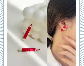 Handmade Red Pencil Earrings: Playful Dangle Studs