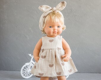 Miniland clothing. Muslin dress and headband for 13-15 inches dolls. Minikane clothes. Paola Reina outfit. Mini Colletos