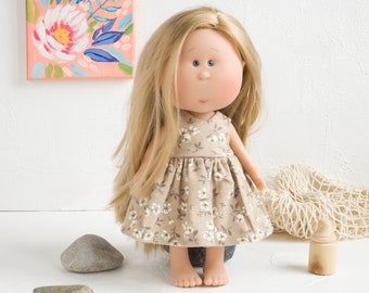 Mia Nines d'onil doll clothes. Beige cotton dress for 30 cm doll.