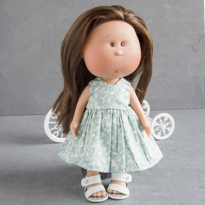 Handmade cotton dress for Nines d'Onil Mia doll. 30 cm Nines d'Onil Mia doll outfit. 11-12 inch doll clothes. Mint