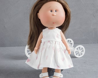 Mia Nines d'Onil doll clothing. Handmade satin dress with hearts print for 11-12 inch doll clothes. 30 cm doll clothes.