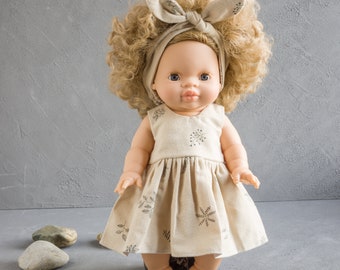 Miniland poppenkleertjes. Katoenen jurk en hoofdband voor poppen van 13-15 inch. Poppenkleertjes van 13-15 inch. Paola Reina poppenkleertjes.