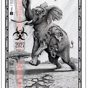 Könnte beinhalten: Schwarz-weiße Zombucks-Banknote mit einem verfallenden Elefanten. Die Banknote trägt den Text "ZOMBUCKS CURRENCY OF THE APOCALYPSE" und das Jahr 2027. Die Banknote ist mit 1/1000 Troy Unze Puresilver gekennzeichnet.