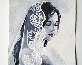 Custom Handpainted Bridal Monochrome Watercolor Portrait Painting, hand painted black and white watercolour, couple portrait