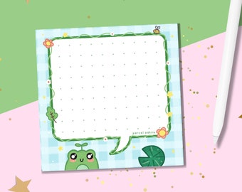 Cute Frog Notepad / Kawaii Animal Stationery / To Do List Memo Pad / Gingham Writing Pad Gifts for Women / 50 Pages Blank Notes