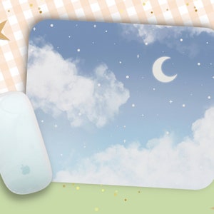 Kawaii Celestial Mauspad / Verträumtes Blau Sterne und Mond Design Mauspad / Wolken Schreibtischunterlage / Gaming Schreibtischmatte / Gamer Girl
