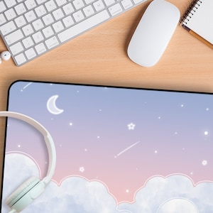 Kawaii Clouds Desk Mat | Dreamy Cute Celestial Large Gaming Mouse Pad | Gamer Girl Gift | Office Desk Accessory | Purple Pink Blue Desk Pad